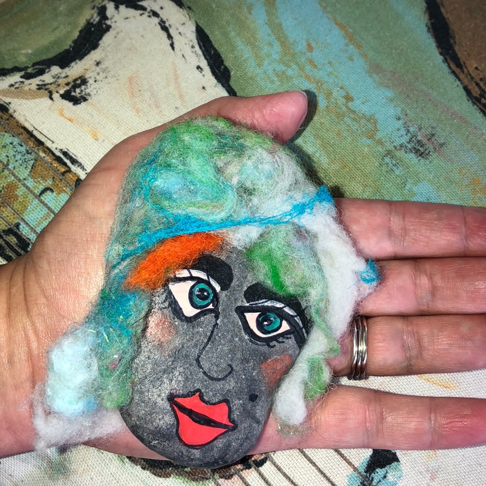 One Painted Face Rock, Big Lips wool hat and hair